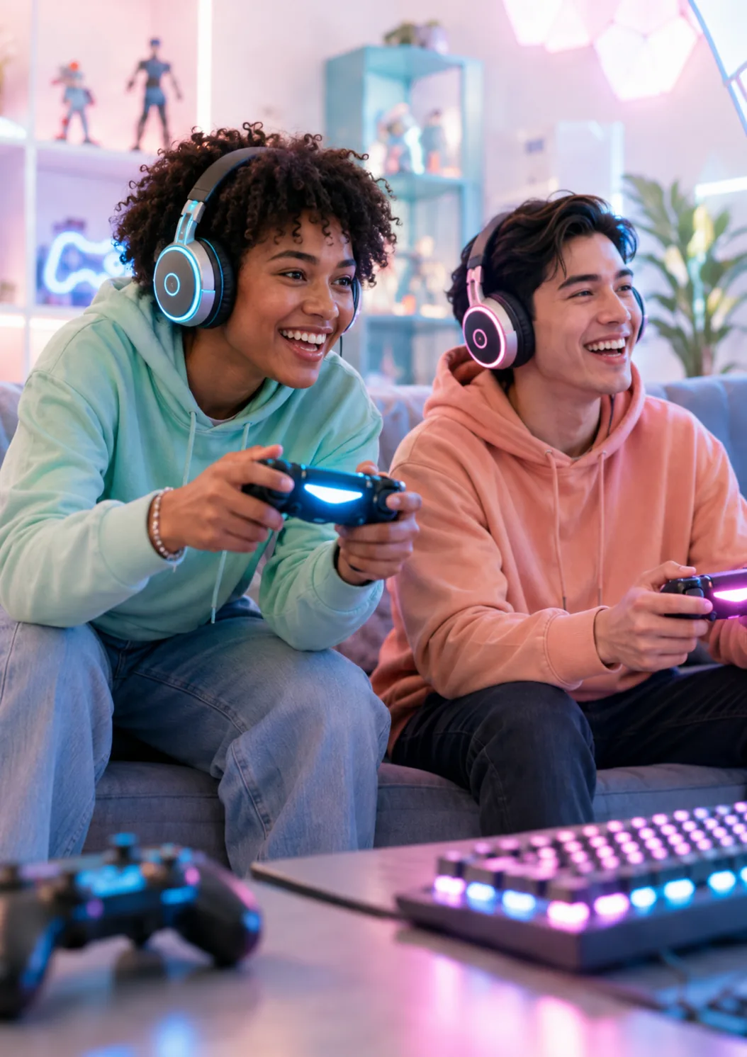 Two friends playing video games together